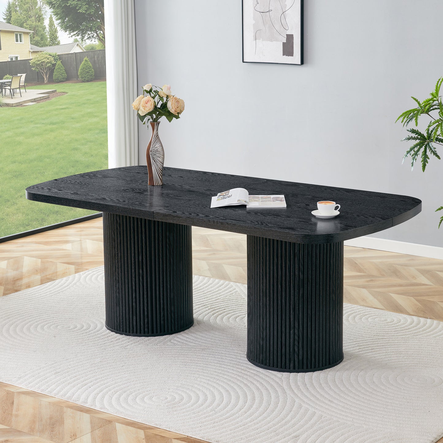 Modern Oval Dining Table With Fluted Column Base, High-quality MDF Surface In Wood Look, In Wabi-sabi And Mid-century Style For The Home Kitchen