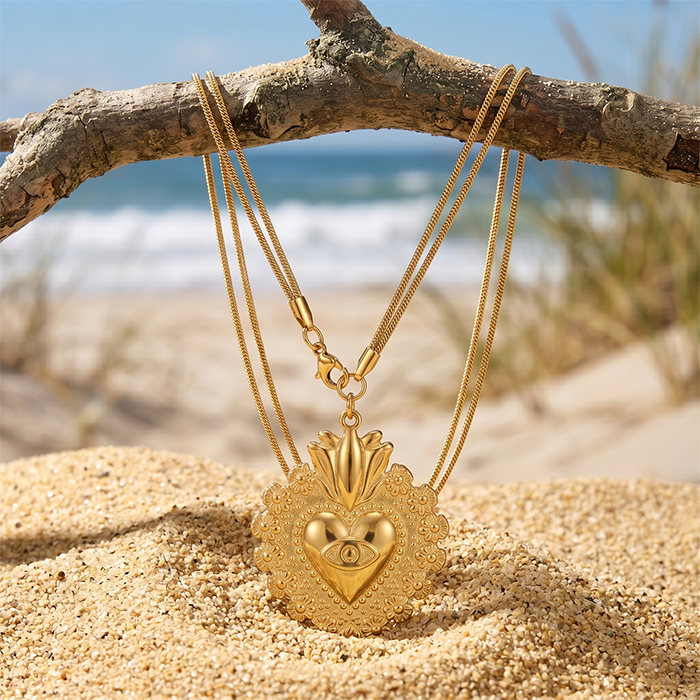 Sacred Heart Evil Eye Pendant Necklace For Women, 18K Gold Plated Stainless Steel Snake Chain Choker, Protection Amulet Religious Jewelry Gift