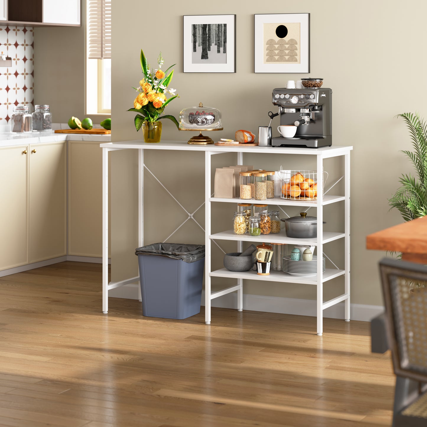 Multifunctional Side Table, Freely Combinable Organizer Table With White Metal Frame & White Top, Flexibly Mountable For Kitchen, Living Room, Basement & Garage, 120x40x85.5cm