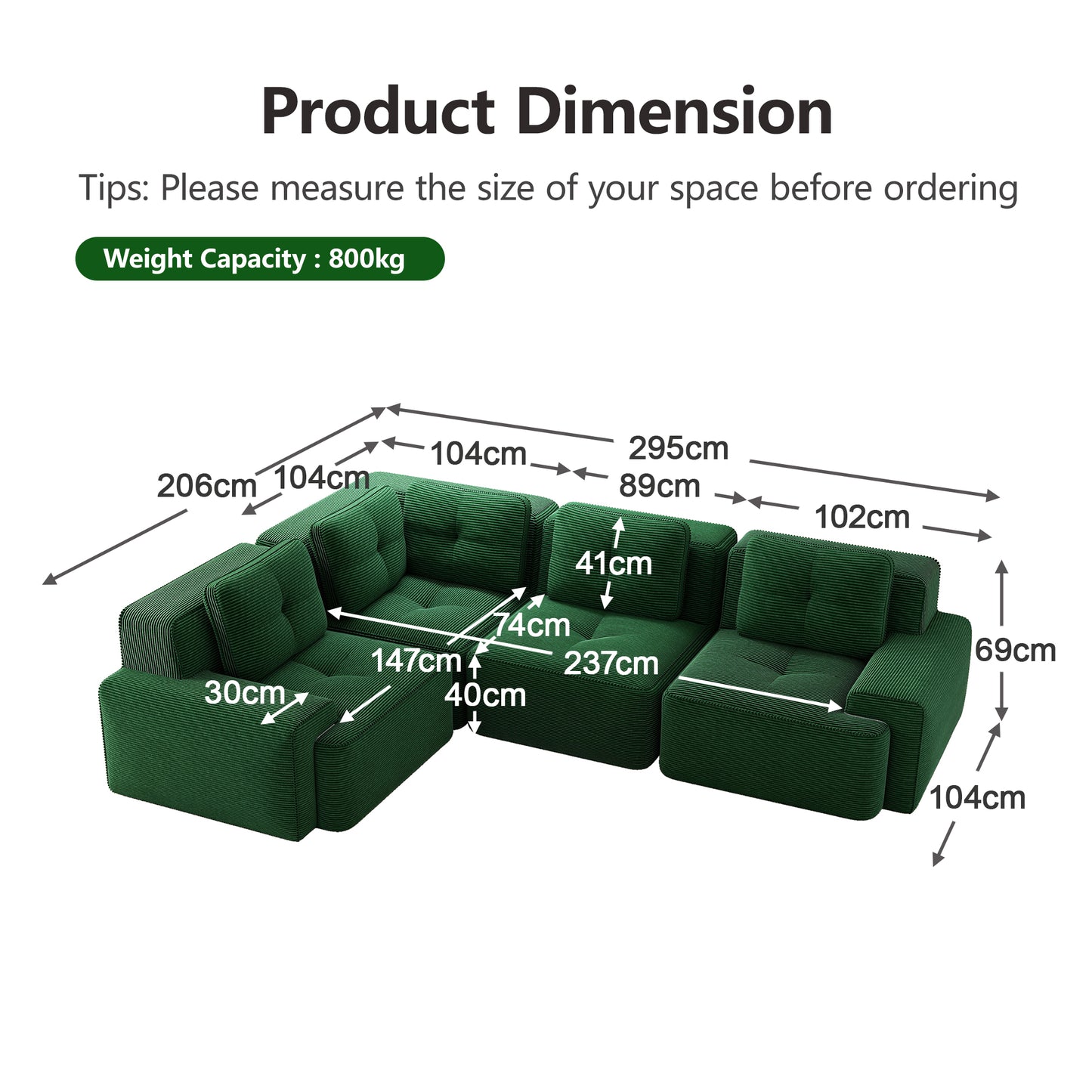 Frameless Sofa For Living Room, Office Sofa, Modular Combination Sofa, Comfortable Upholstered Corduroy Fabric Low-seat Sofa, No Assembly Required, Non-slip Design.Green