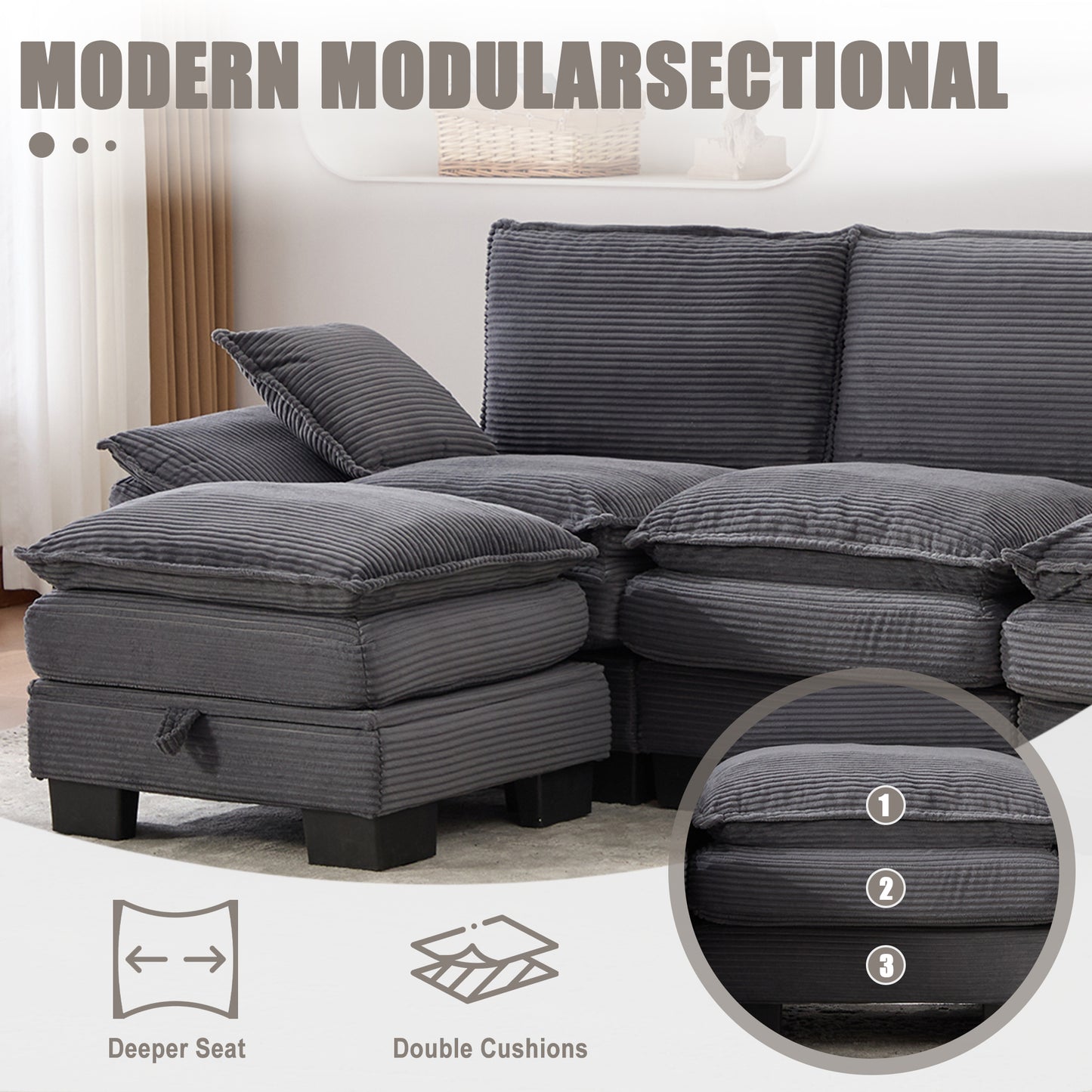 Sectional Cloud Modular Sofa,Deep Seat Sofa, Corduroy Sofa,Comfy Upholstered Furniture For Living Room, Apartment, Studio, Office,Having Multiple Combinations