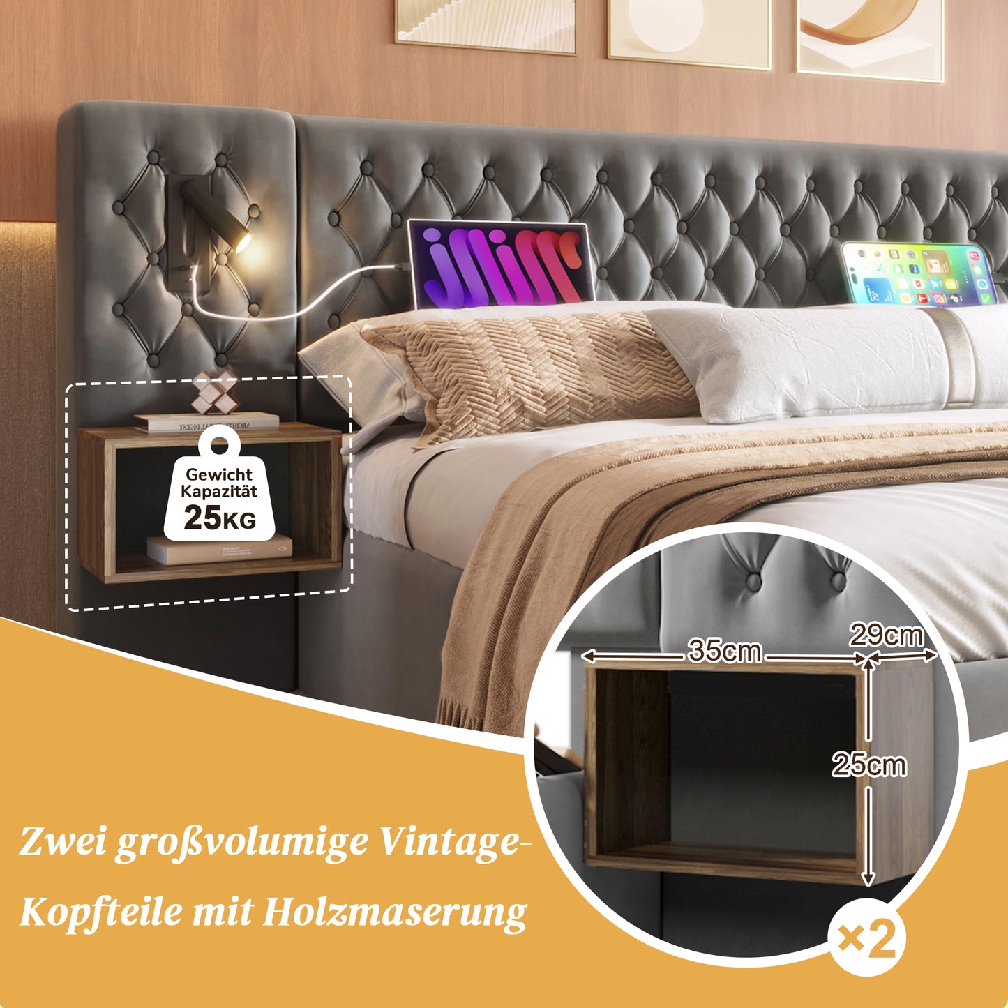 AB30260567G Bedding Bedroom Complete Set,Upholstered Bed Hydraulic Storage Bed Double Bed 180x200 Cm With 2 Bedside Tables, Headboard Reading Light With USB Charging Function, Grey, Velvet