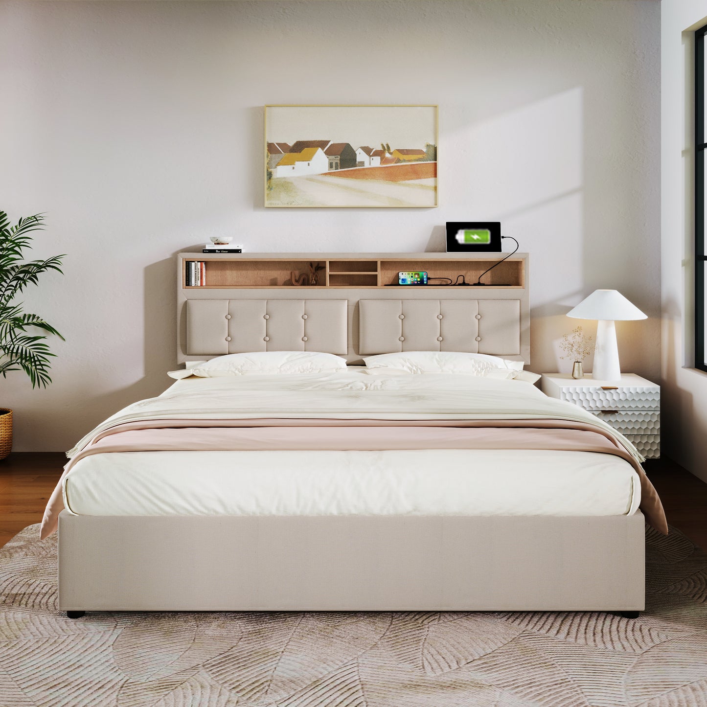 Upholstered Bed Double Bed With USB C Socket Charging Function Headboard, Storage Beds Bed Frame Made Of Linen Material Youth Bed 140x200 With Slatted Base Without Mattress