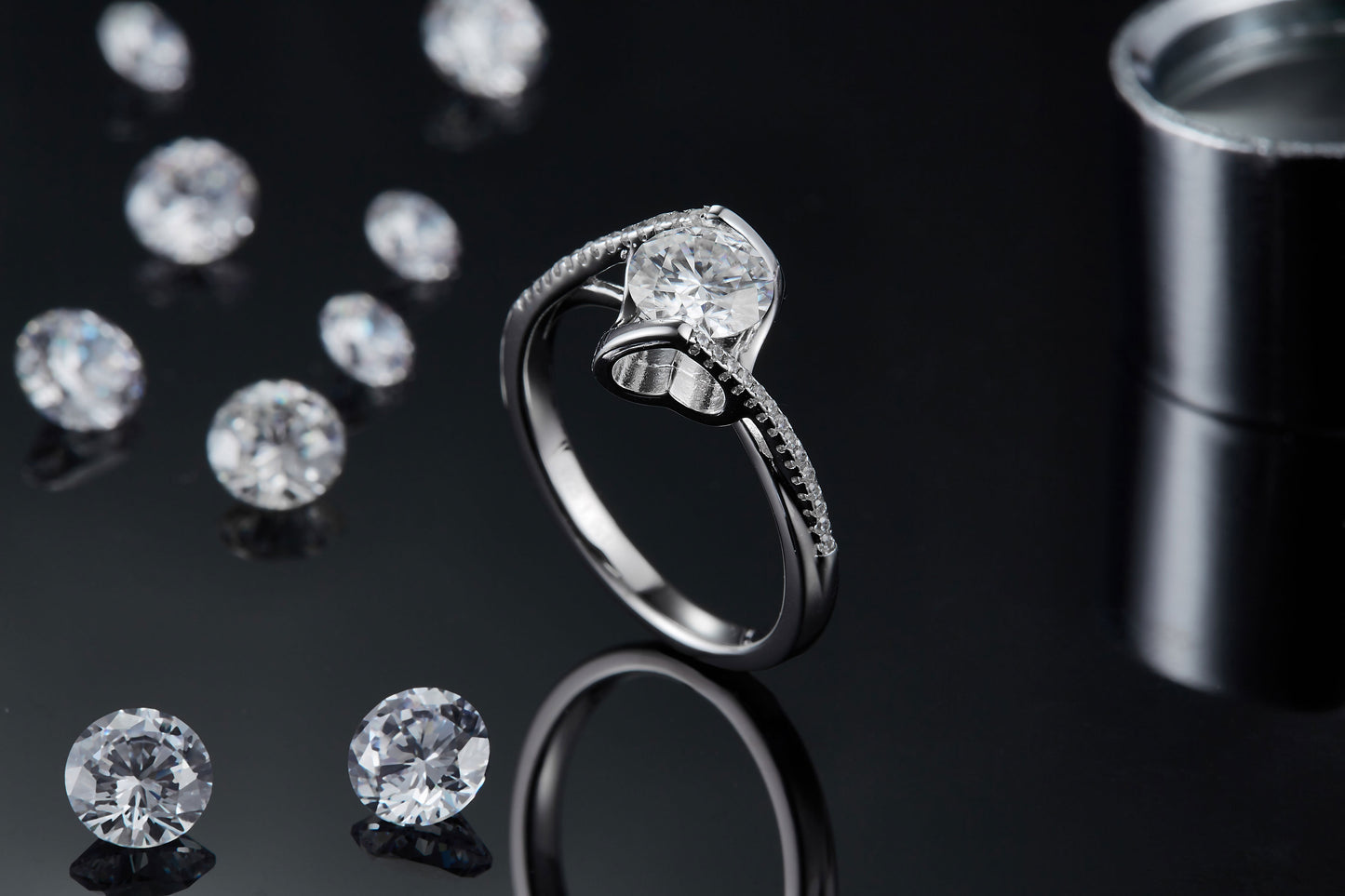 S925 Sterling Silver 1ct Moissanite Engagement Ring, D-VVS1 Round Cut With Heart Setting & Pave Band, Platinum Plated, US Sizes 5-9, GRA Certificate Gift Box