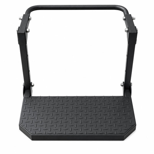 Universal Folding Tire Mounted Step Heavy Duty Adjustable Foldable Side Step for Truck SUV and RV Fit Most 10.2inch - 14.4inchTires Anti-Slip Raised Texture 300Lbs Load Bearing Black