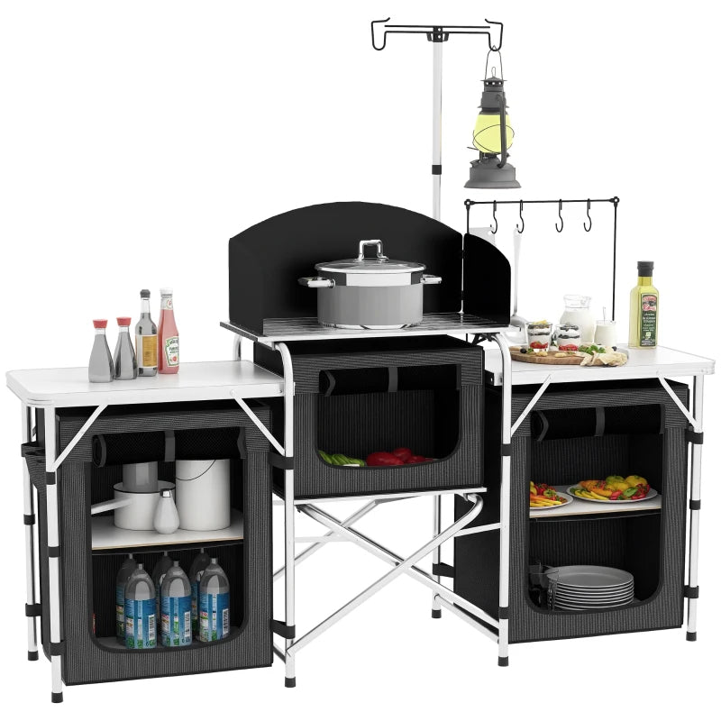 Aluminum Camping Kitchen, Portable Folding Camping Table With Fabric Cupboards, Windshield, Bag For BBQ, Picnic, Black