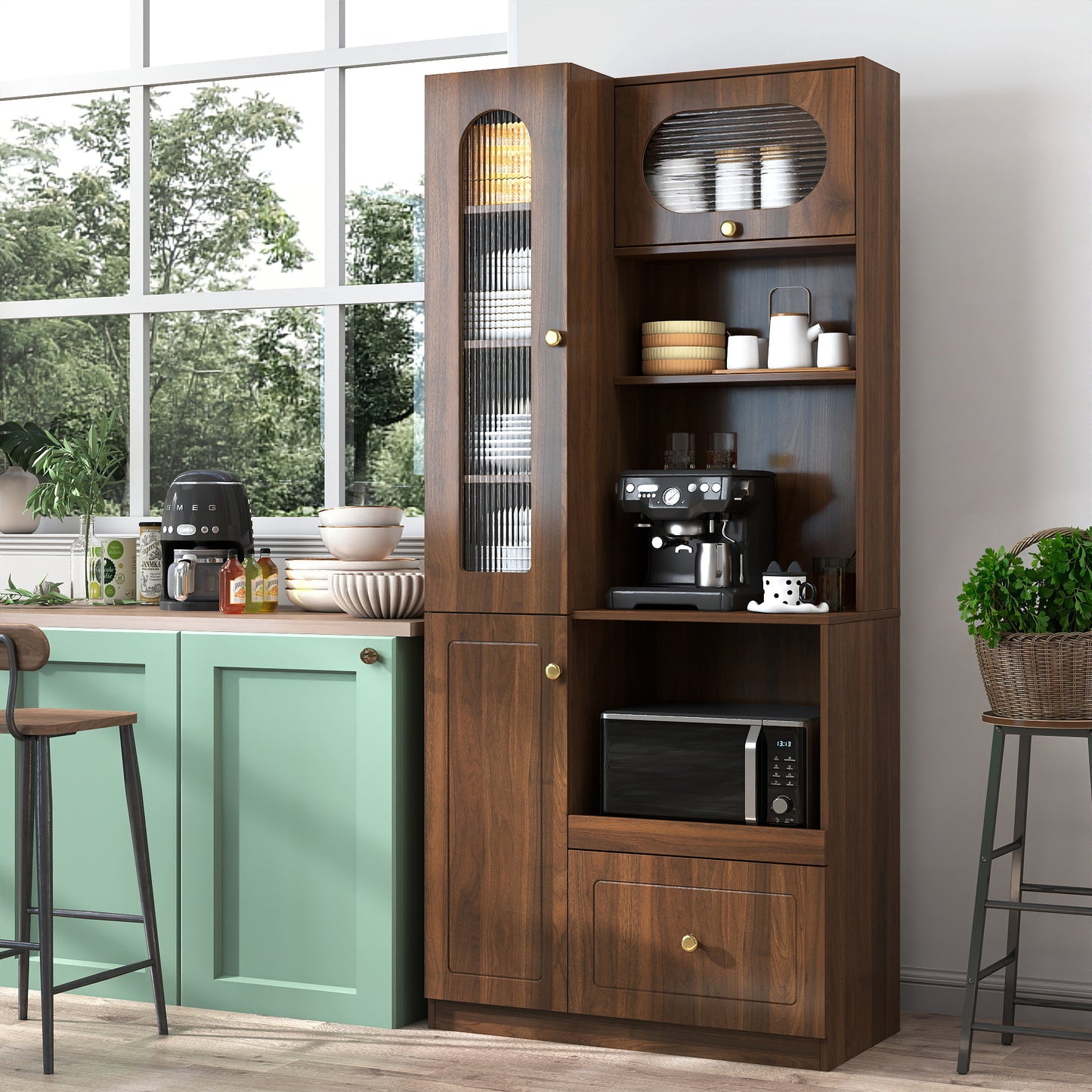 Kitchen Pantry Cabinet With Multi-functional Pull-out Multi-tier Storage Shelf,Farmhouse Storage Cabinet With 3Doors,Pantry Organizers For Kitchen,Dining Room