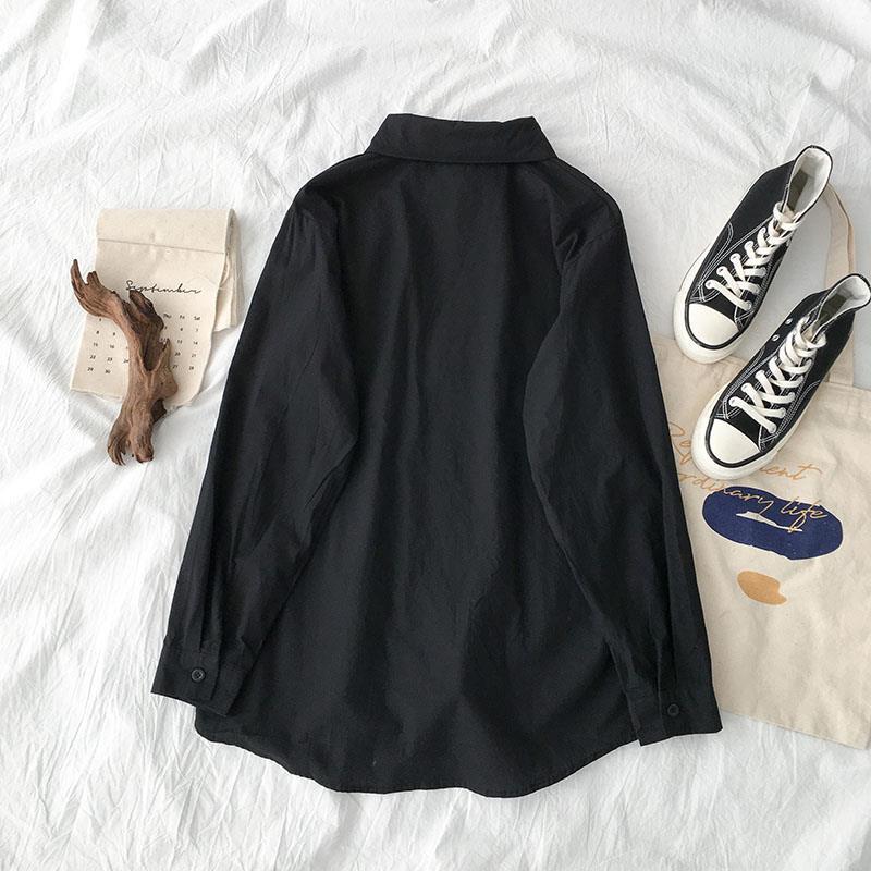 New Womens Korean-style Black Long-sleeve Shirt With A Lapel Collar