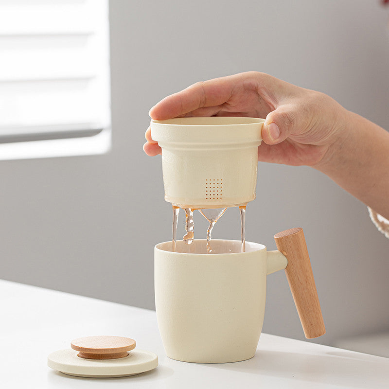 Cream-style Ceramic Tea Cup With A Built-in Tea Leaf Separator Perfect For Personal Office Use Complete With Lid And Strainer
