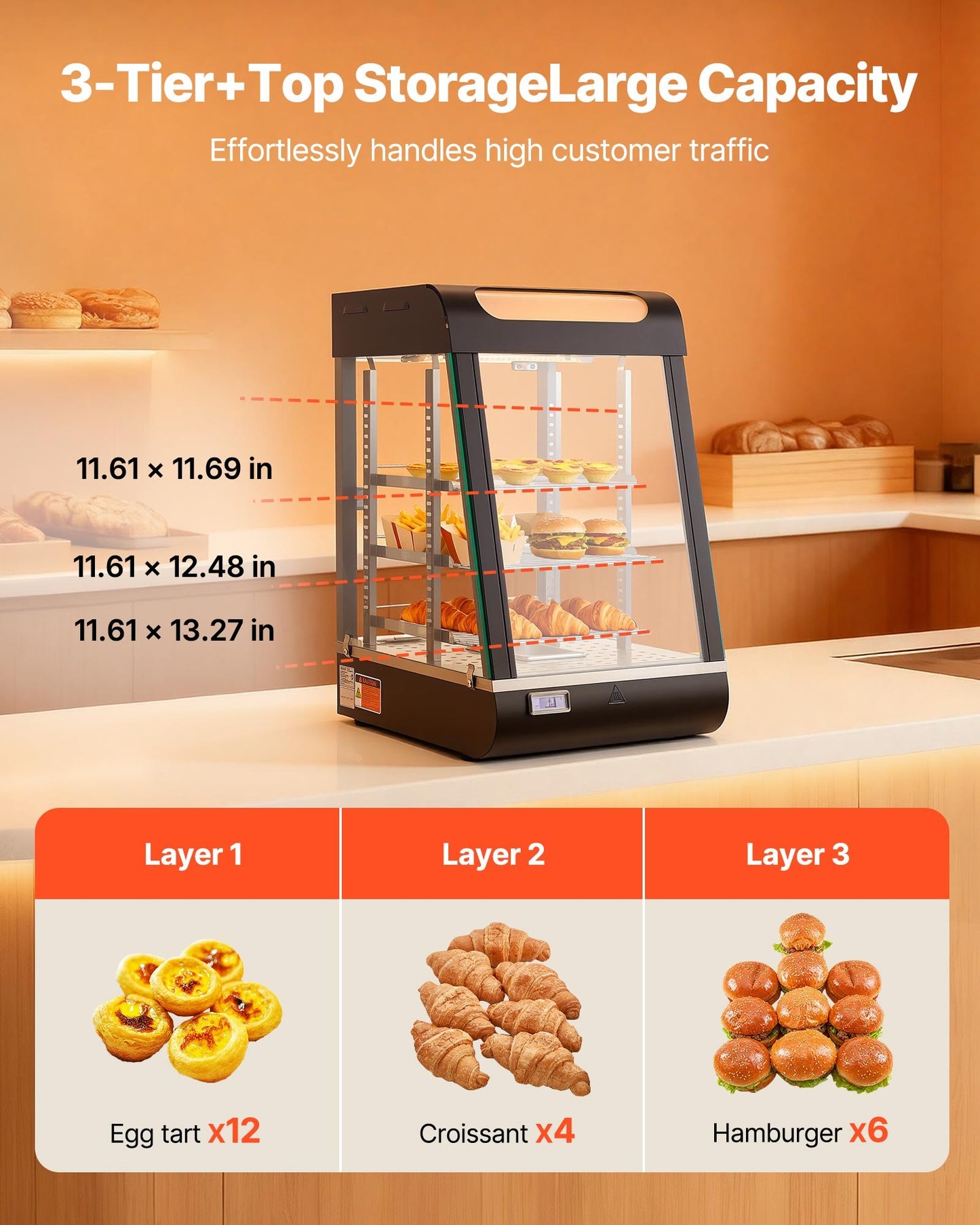 3-Tier Commercial Food Warmer Display, 800W Food Display Warmer With LED Light, Top Storage And Adjustable Shelves, 86℉~185℉ Steam Heating, 60 Qt /57L For Hamburger, Pizza, Bread, Fried Chicken