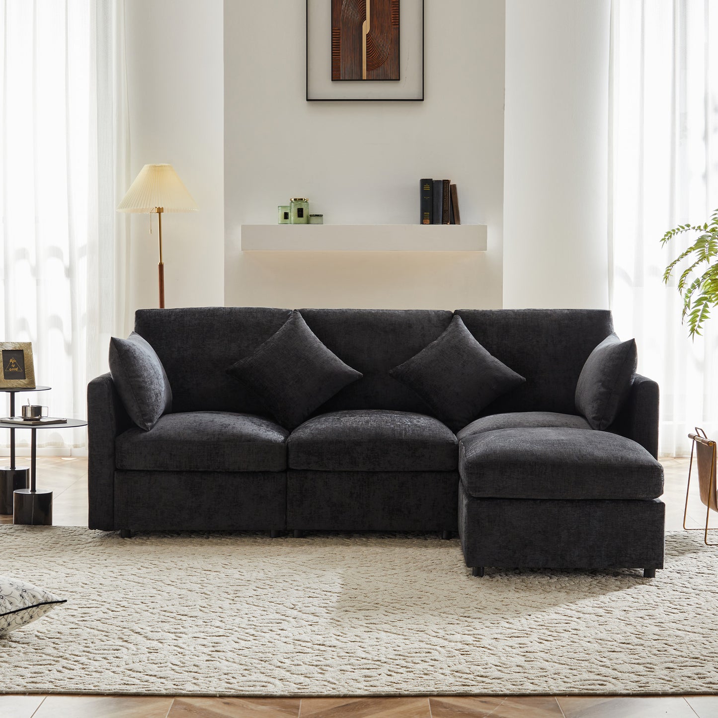 L-shaped Corner Sofa, Convertible To 3-seater, Modular Design, With Movable Stool And 4 Chenille Cushions, Ideal For Living Room, Apartment And Office, Gray, With Video