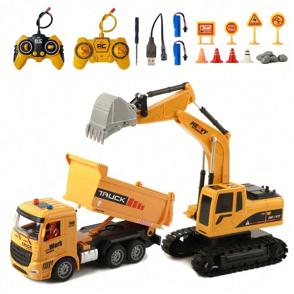 RC Dump Truck And Excavator Set, 2 In 1 Remote Control Construction Vehicles With Realistic Sounds And Lights, Perfect Holiday Gift, Toy Cars, Outside Toys, Carro Control Remoto, Remote Control Toys