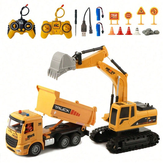 RC Dump Truck And Excavator Set, 2 In 1 Remote Control Construction Vehicles With Realistic Sounds And Lights, Perfect Holiday Gift, Toy Cars, Outside Toys, Carro Control Remoto, Remote Control Toys