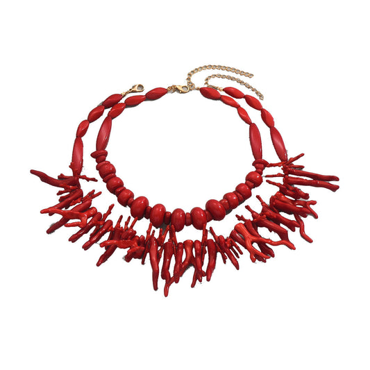 European American Fashion Women Two-Piece Jewelry Set, Versatile Multi-Layer Long Clavicle Necklace With Coral Geometric Pendant, Daily Neck Accessories