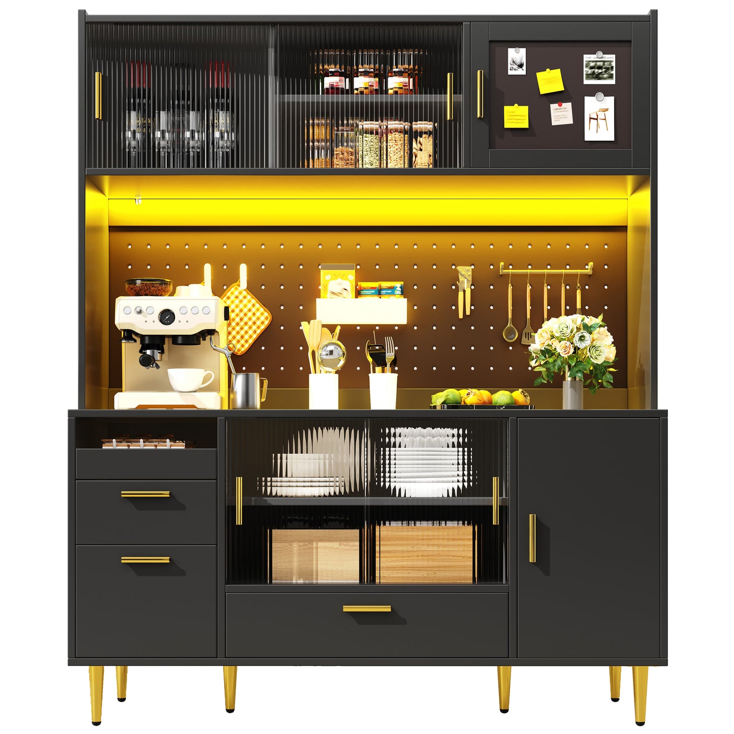 Tall Cabinets For The Living Room  140x40x180cm , Kitchen Cabinet, Dining Room Cabinet, Cabinets With LED Lighting, Magnetic Door Panels, Tall Cabinet With Pegboard Shelves, Black