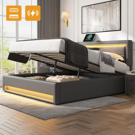 Upholstered Bed 140 X 190 Cm, With USB Port  Supports Wireless And Wired Charging , With LED Lighting And Storage Space, Without Mattress, PU-Lychee Design, Grey OLD SKU 3252956AAG