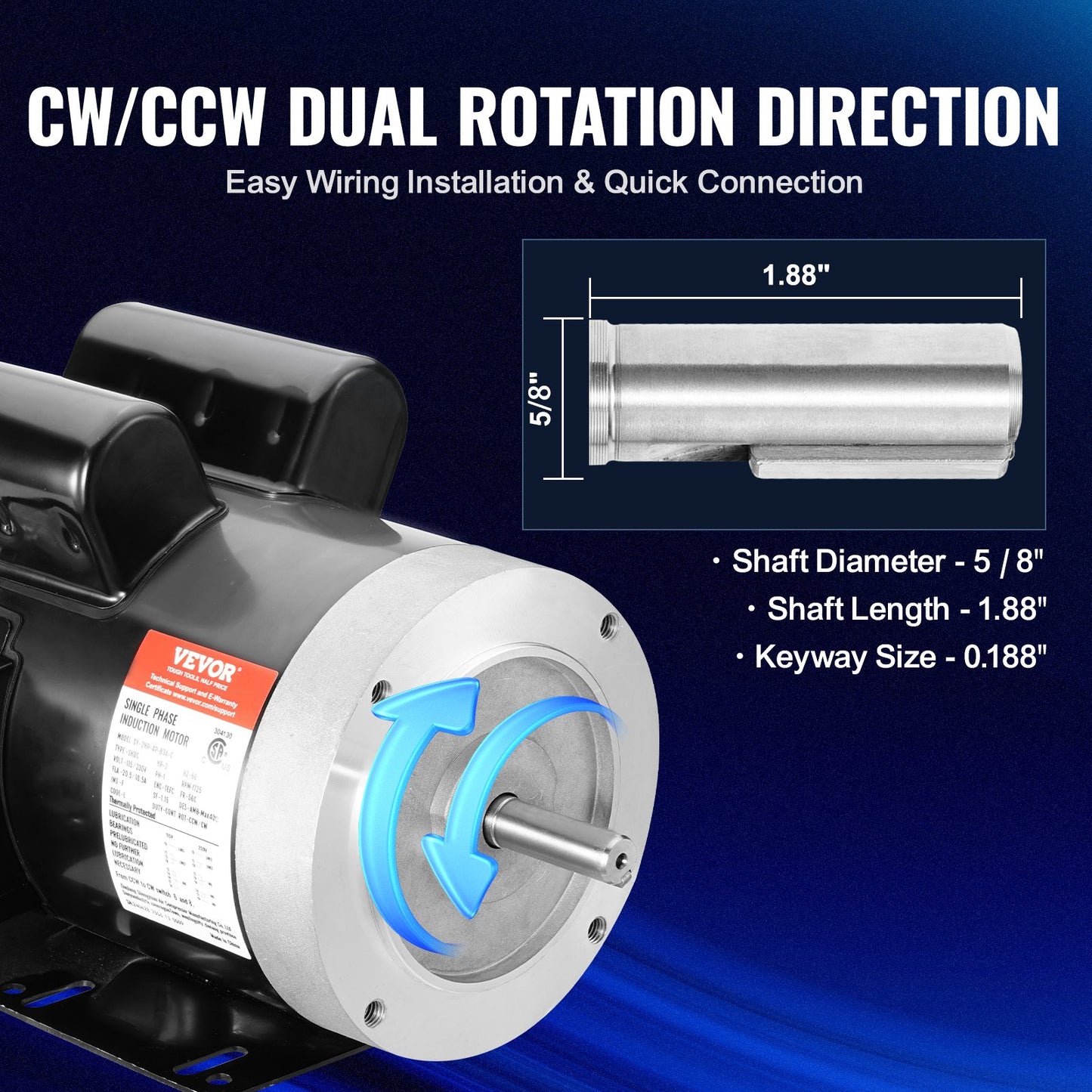 2HP Electric Motor 1725 Rpm, AC 115V/230V, 56C Frame, Air Compressor Motor Single Phase, 5/8' Keyed Shaft, CW/CCW Rotation For Agricultural Machinery And General Equipment