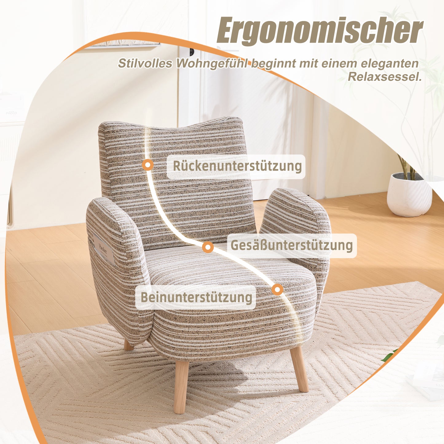 Modern Armchair, Fabric With Circle Pattern, With Side Pocket, Solid Wood Legs, Comfortable Reading Chair, Living Room, Bedroom, Office Khaki Boucle