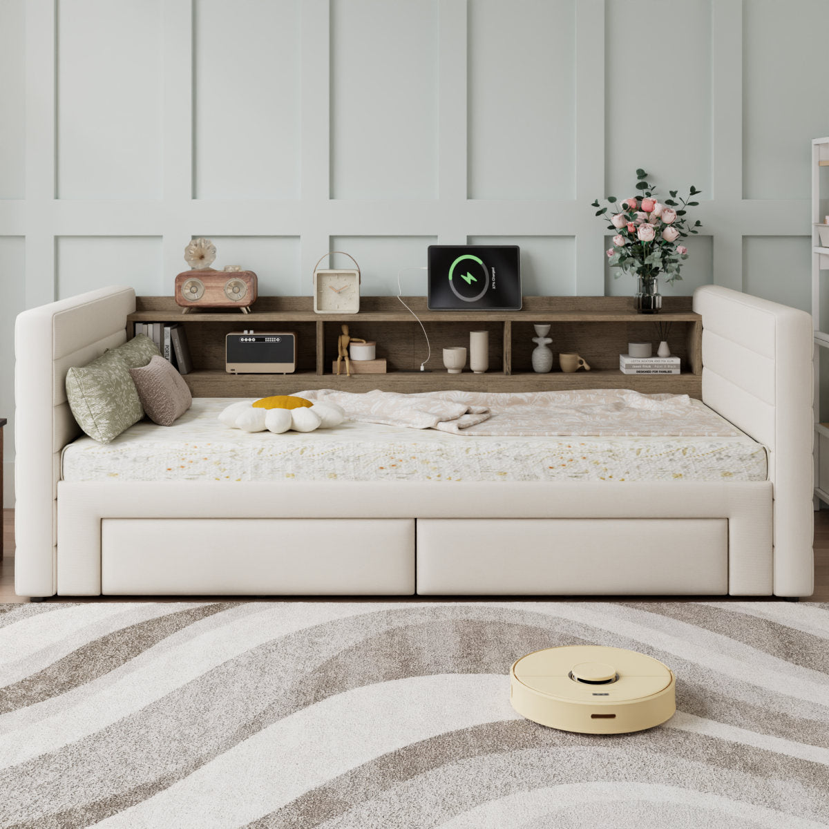 Upholstered Bed, Daybed With Pull Out Trundle, 3FT Single Bed 90x190cm, Daybed Sofa Bed, Storage Drawers, Modern Youth Bed, With Storage Space, For Adults & Teenagers, Easy Assembly, Linen, Beige