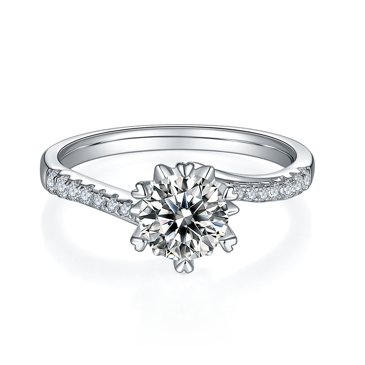 S925 Sterling Silver 1ct Moissanite Engagement Ring, D-VVS1 Round Cut, Platinum Plated, 6-Prong Heart Setting, US Sizes 5-9 With GRA Certificate Gift Box