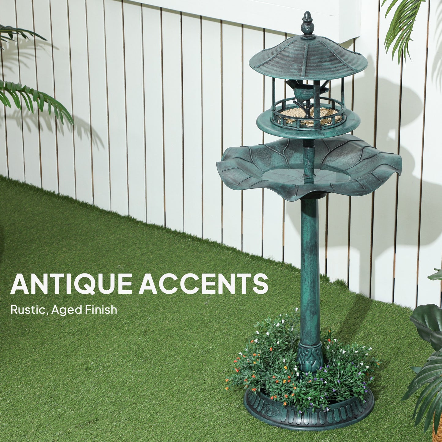 3 in 1 Garden Bird Bath Bowl Pedestal with Bird Feeder, Large Water Basin, Underneath Flower Planter, Green