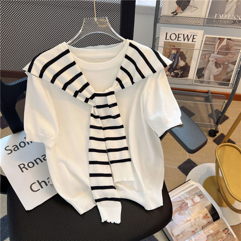 Short-sleeved Knit Top With A Chic Korean-style Faux Two-piece Shawl