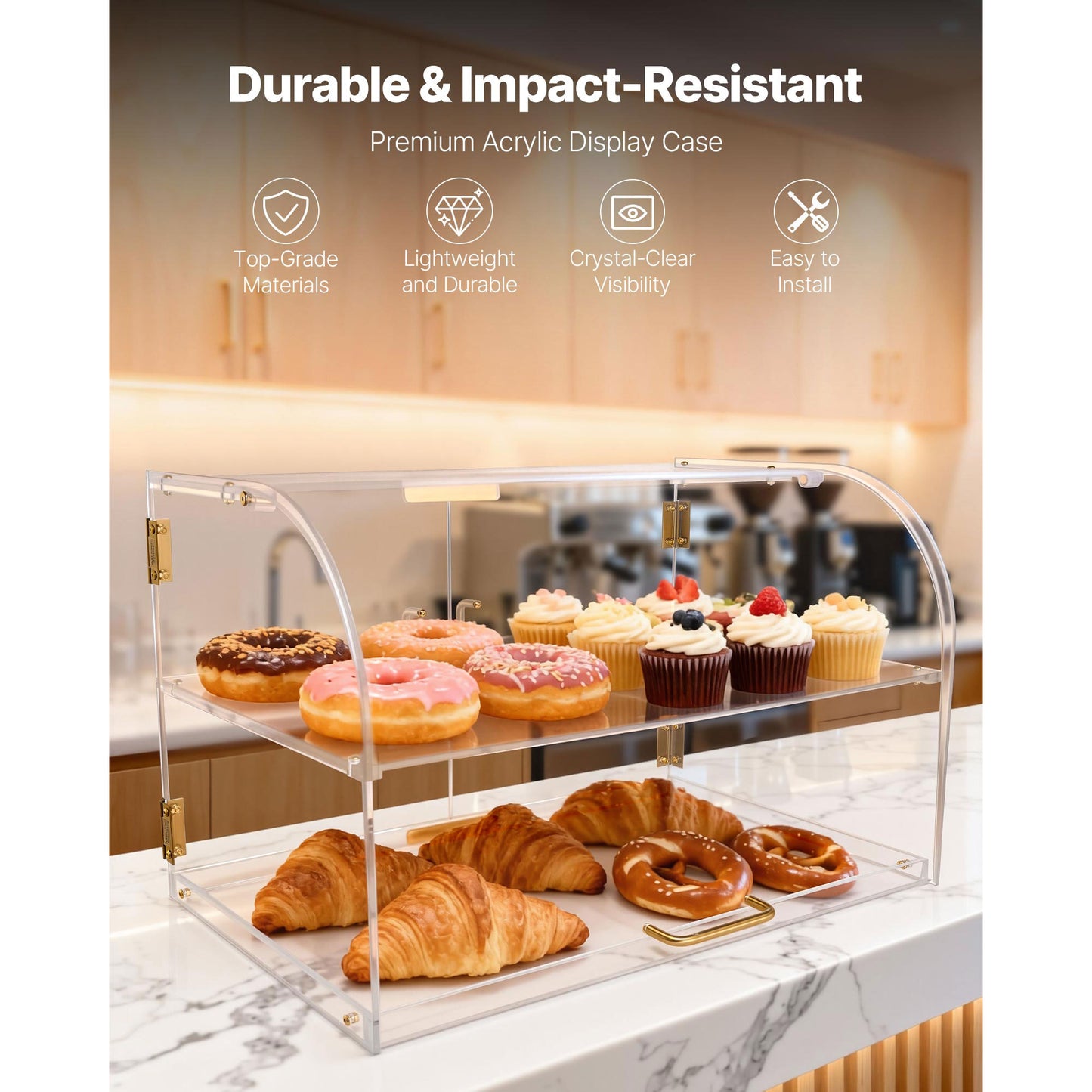 Bakery Display Case, 2-Tier Commercial Countertop Pastry Display Case, Clear Acrylic Bread Box For Kitchen, Party Cake Cabinet With Magnetic Rear Door For Cookie Dessert Donut, 22 X 14 X 14
