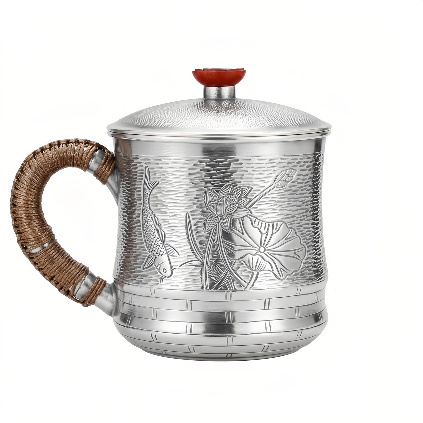 Pure 999 Fine Silver Handcrafted Silver Tea Mug with Lotus and Fish Relief and Cord-Wrapped Handle - Handicraft