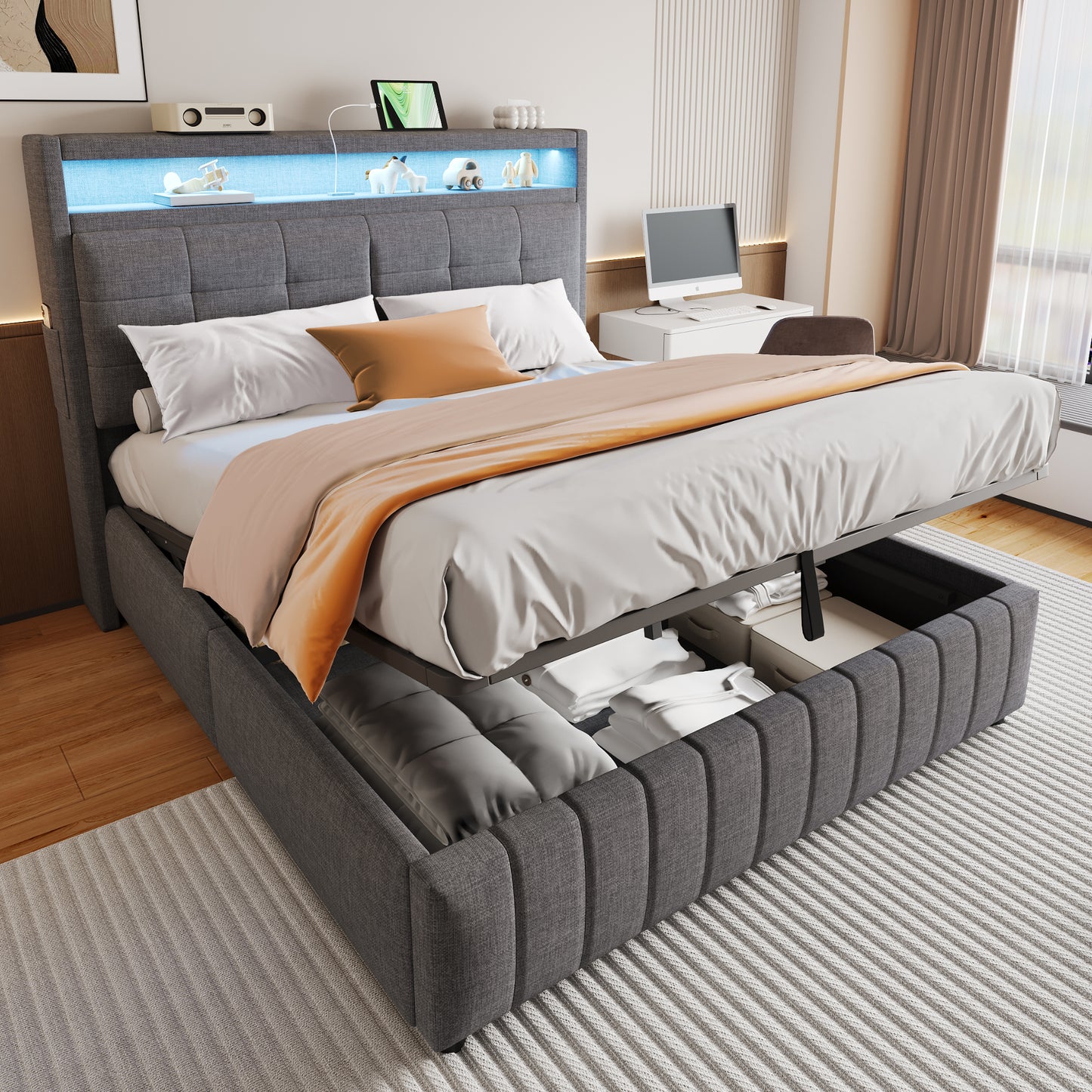 Upholstered Bed 160x200 Cm, With LED Lighting And USB Socket, Headboard With Shelves And Storage Space, With Hydraulic Storage With Storage Compartments, Double Adult Bed With Slatted Base, Linen Fabr
