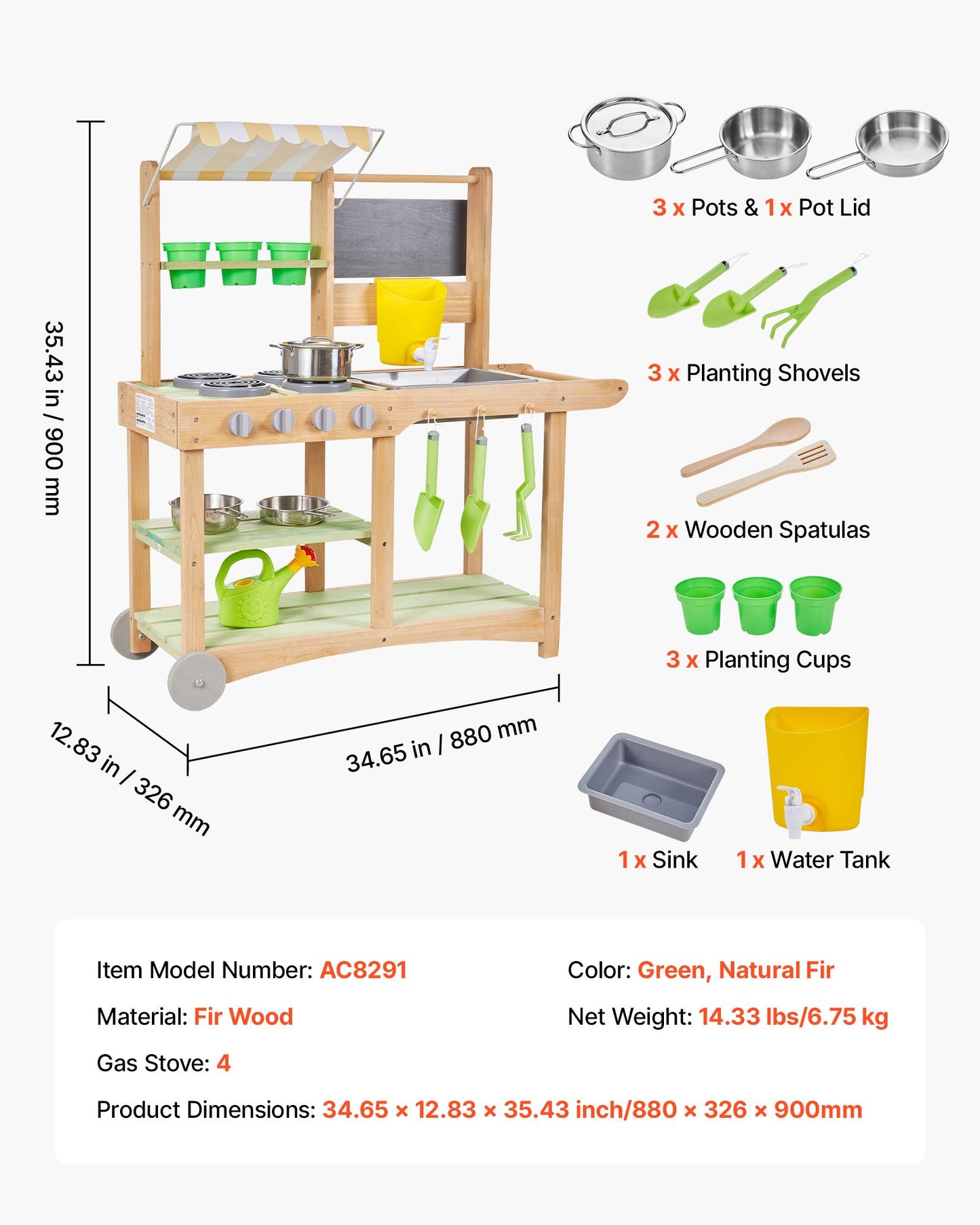 Mud Kitchen, Outdoor Mud Kitchen For Kids, Wood Outdoor Play Kitchens With Spoons, Sink, Sunshade Canopy, Swivel Wheels, Cookware Pots And Accessories, Wooden Play Kitchens For Home, Lawn