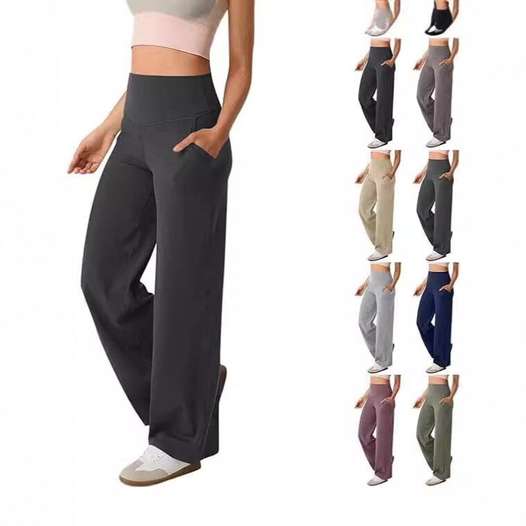 High-waisted Straight-leg Slightly Flared Yoga Pants With Pockets And Tummy-control Design