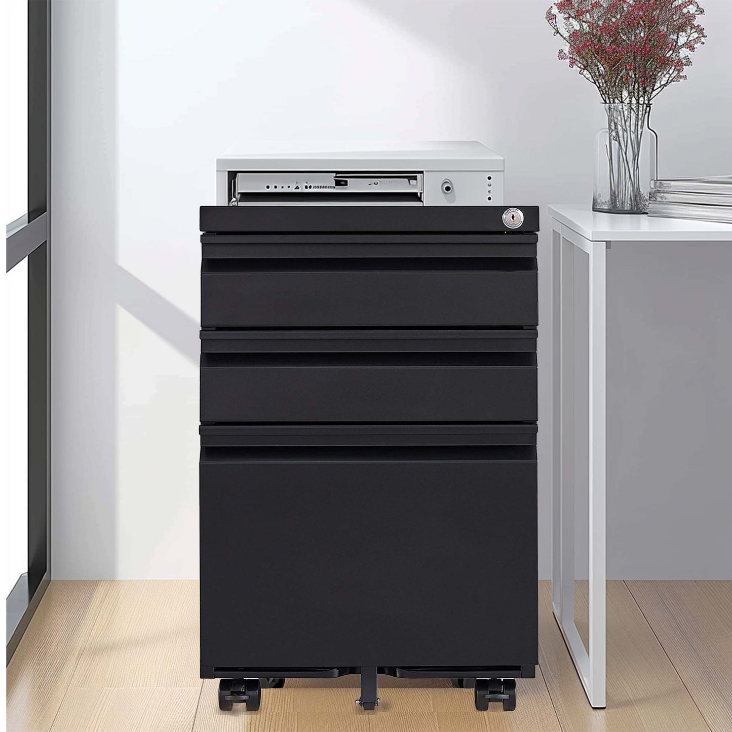 3 Drawer Mobile File Cabinet With Lock,Metal Filing Cabinets For Home Office Organizer Letters Legal A4,Fully Assembled Except Wheels ,Black