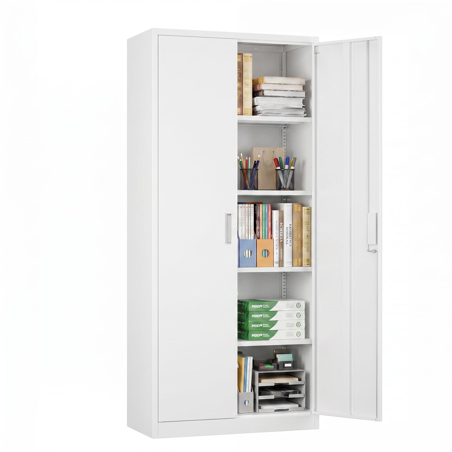 Metal Garage Storage Cabinet, Lockable Steel Storage Cabinet With 4 Adjustable Shelves For Garage, Office, Home, Assembly Required, White
