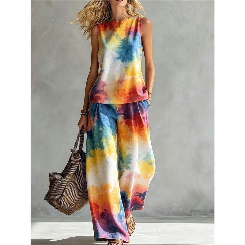 New-style Rainbow Tie-dye Sleeveless Crew-neck Top And Wide-leg Pants Womens Casual Two-piece Set