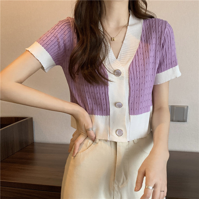 Retro V-neck Short-sleeve Knit Women's Summer Korean Loose Crop Top
