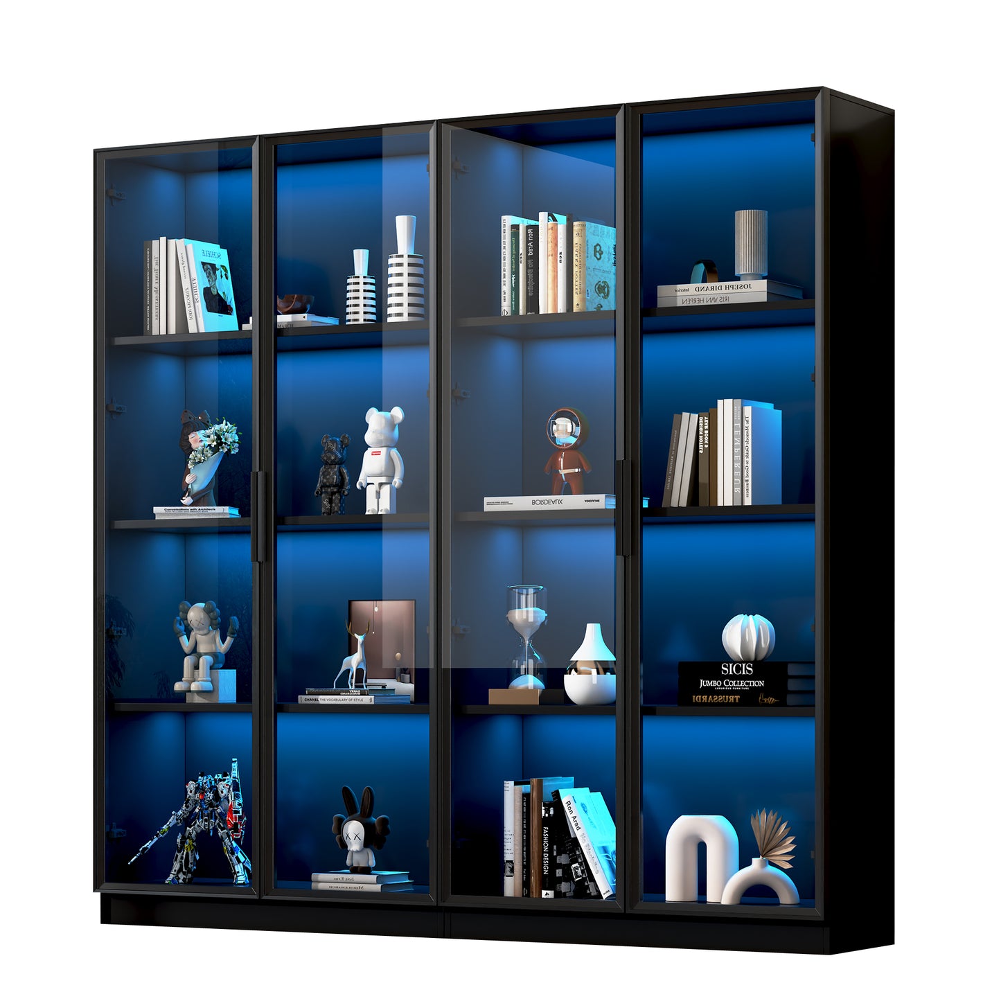Glass Display Cabinet With APP Controlled LED Lighting, 4 Door Storage Cabinet With Rolling Shelves, Living Room Tall Cabinet, Freestanding Display Cabinet, Bathroom Cabinet