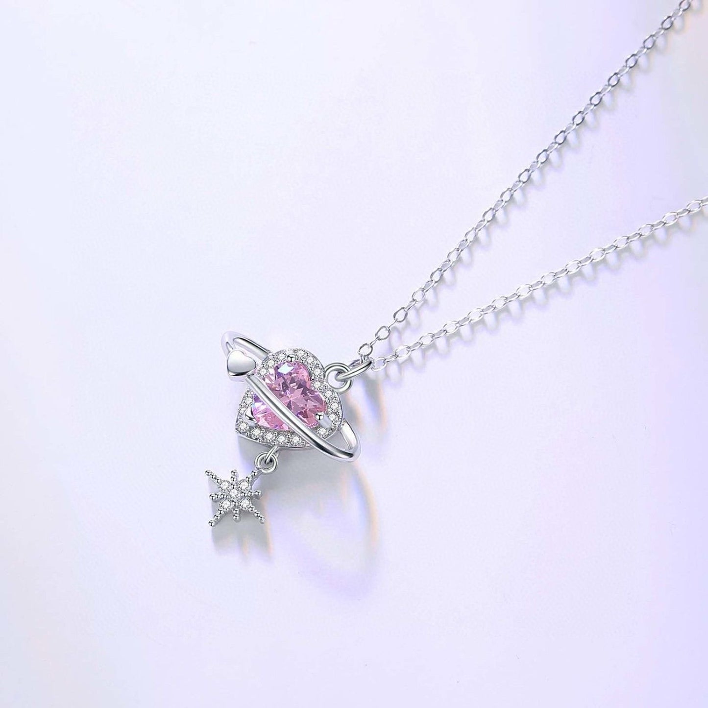 1pcs 990 Sterling Silver Starburst Pink Heart Necklace, Elegant Trendy Style, Ideal For Valentine's Gifts