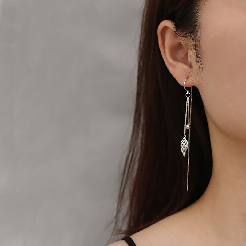 1 Pair 999 Sterling Silver Hollow Leaf Long Tassel Threader Earrings, Minimalist & Elegant, Perfect For Daily, Dating & Business, Ideal Valentine's Gift