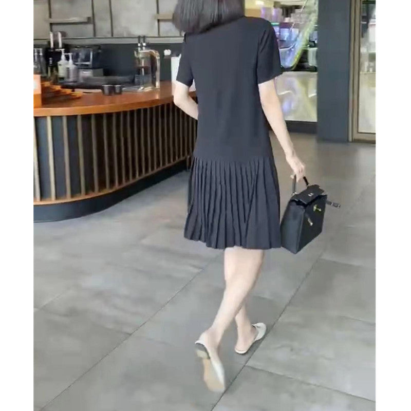 Summer New Korean-style Loose-fit Solid-color Youthful Mid-length Pleated Dress