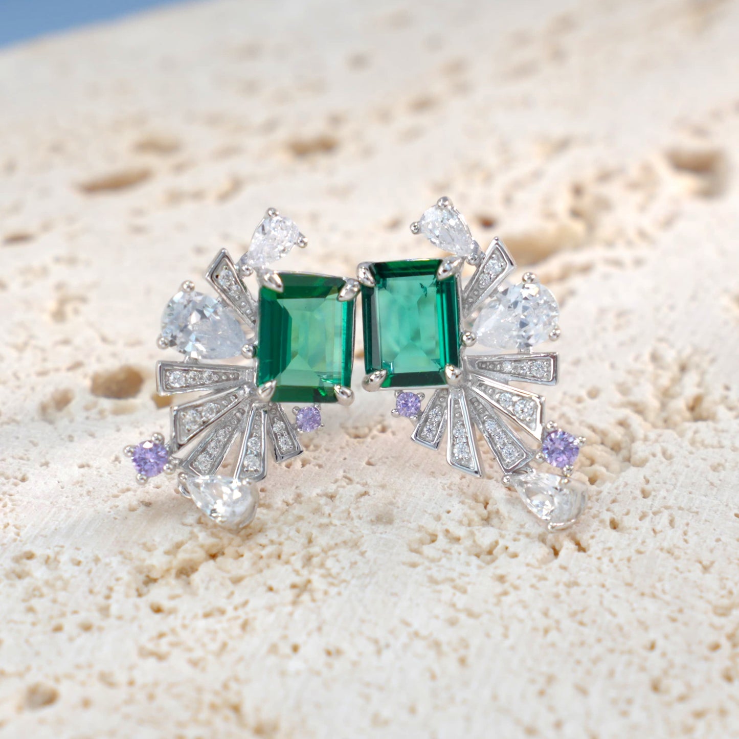 S925 Sterling Silver Art Deco Fan Drop Earrings, 8x6mm Lab-Grown Ruby Emerald Paraiba & Blue Diamond, Platinum Plated 5g Women's Fine Jewelry Gift Box