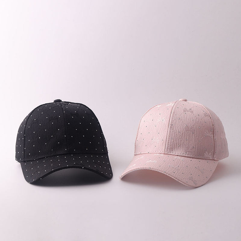 Korean-style Soft Style Bow Tie Rhinestone Baseball Cap With Textured Pleats And Breathable Brim Outdoor Versatile Hat For Outings With A Curved Brim