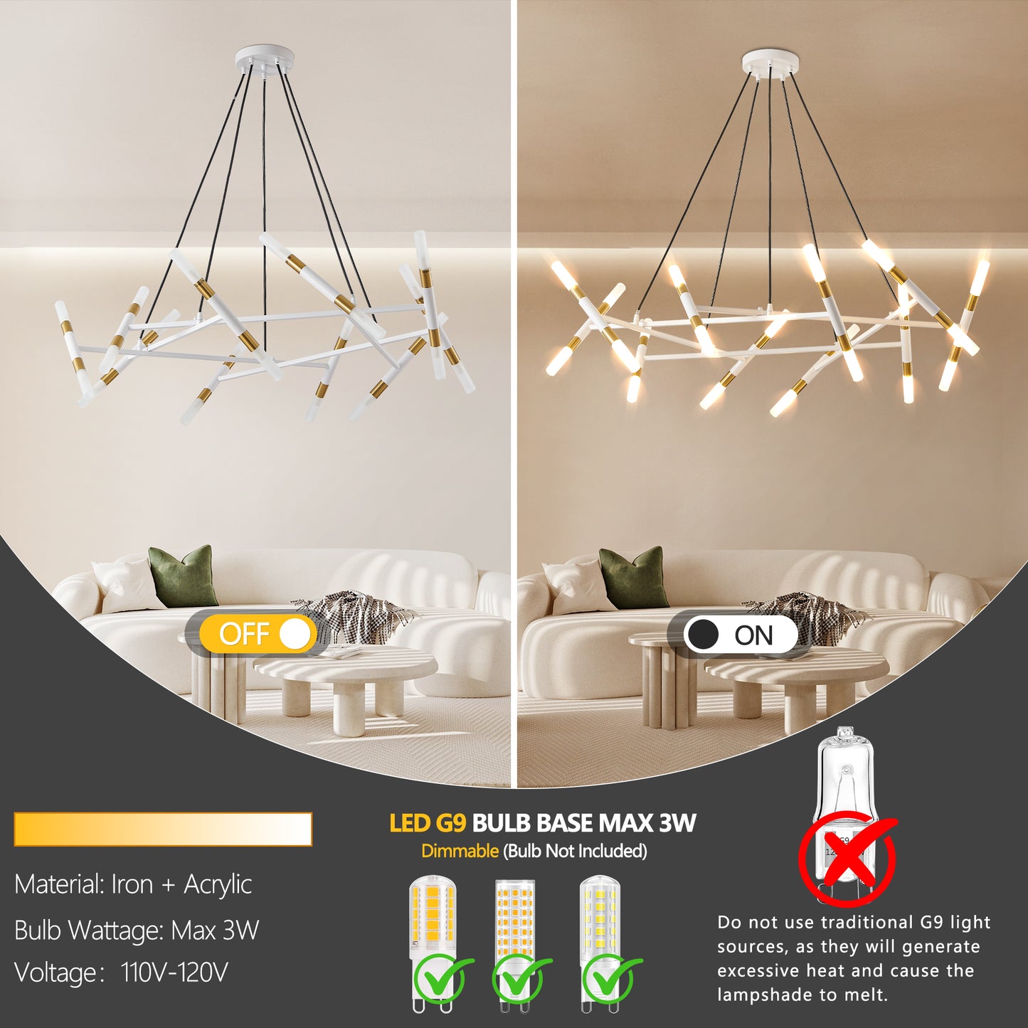 41  White & Golden Modern Chandelier Light Fixture, Branch Design With Frosted Tubes, Black Cords, Adjustable Height Pendant Light For Dining Room, Living Room, Or Kitchen Island Bulb Not Included