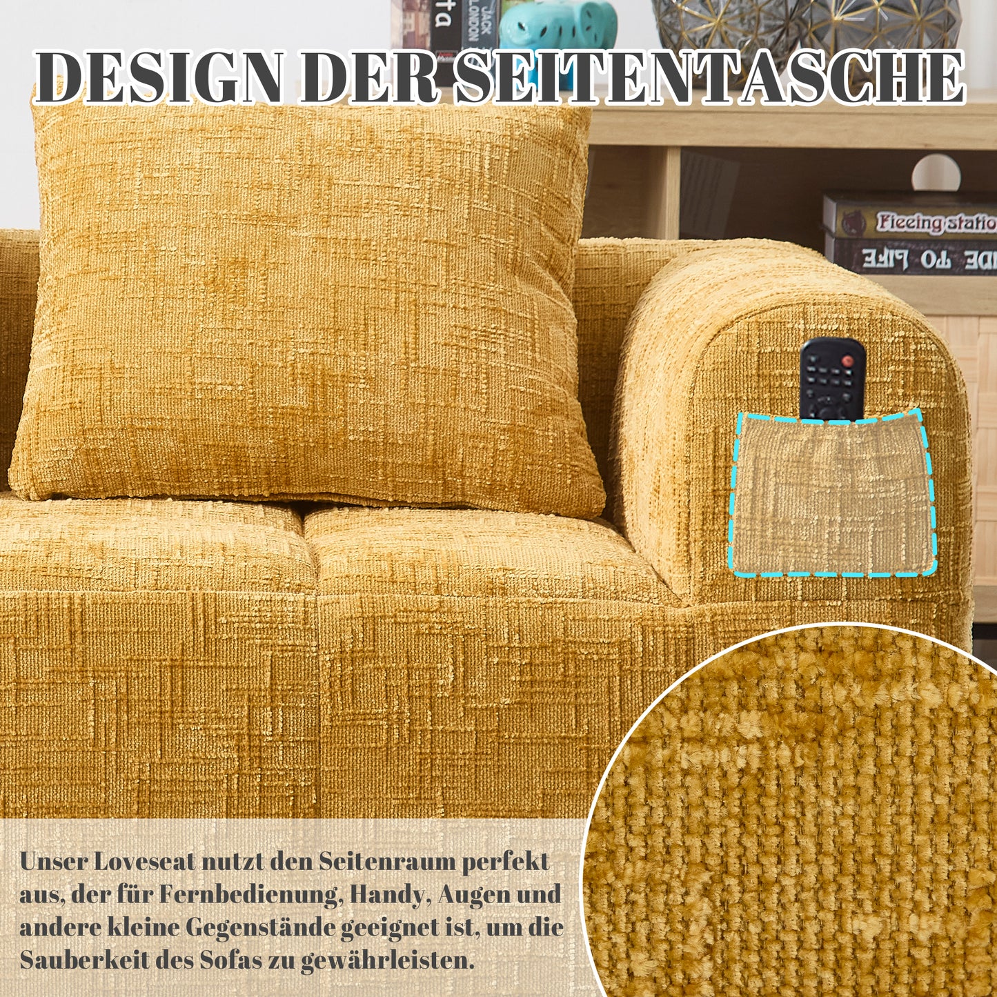 Comfortable Sofa For 2 People, No Assembly Required, Fluffy Sofa With A Cushion, Side Pockets For Remote Control And Mobile Phone, Neat And Stylish, Yellow