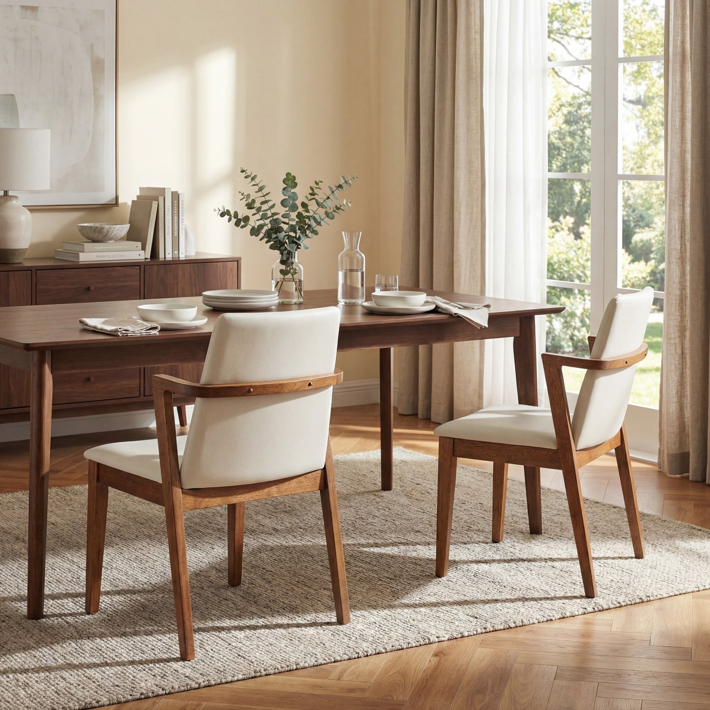 Mid-Century Modern Dining Chairs Set Of 2 - Beige PU Upholstered Armchairs With Walnut Color Rubber Wood Frame, 250lbs Capacity For Kitchen & Dining Room