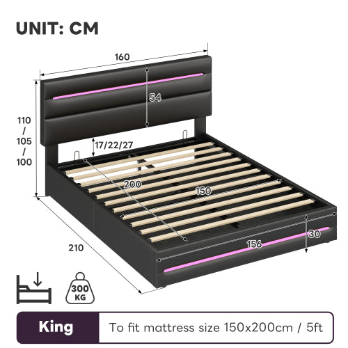 5ft King Upholstered Bed Frame With Hydraulic Storage, PU Ottoman Bed With LED Lighting And Charging Station, LED Adjustable Headboard With USB And Type - C Ports, Black