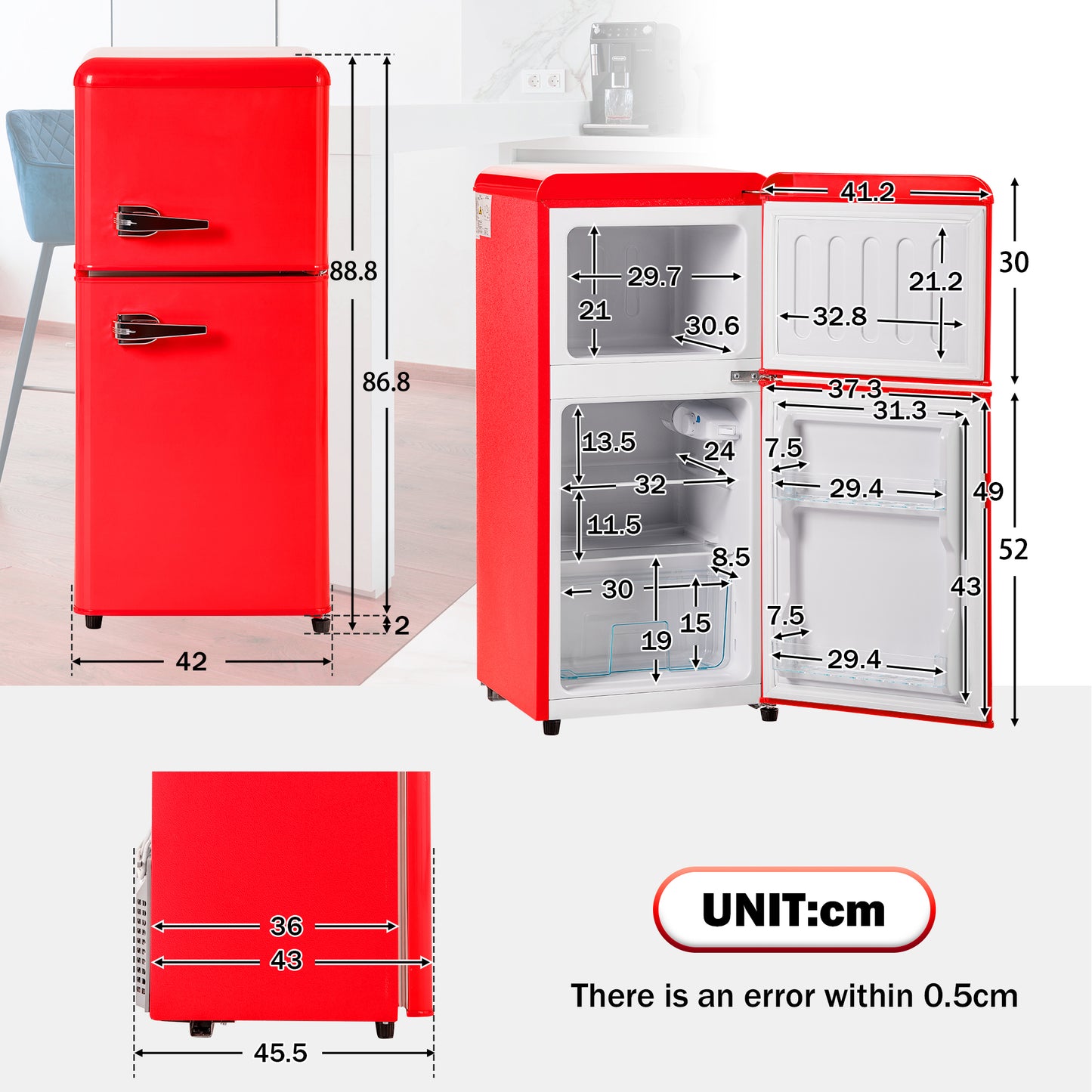 Retro Fridge. Freezer Combination. 88.8 Cm High, 45.5 Cm Wide, Two-door, With A Total Volume Of 60 Litres, A Freezer Volume Of 22 Litres. 102 KWh Year, -27 C  13 C, LED Light. Premium Red Energy Clas