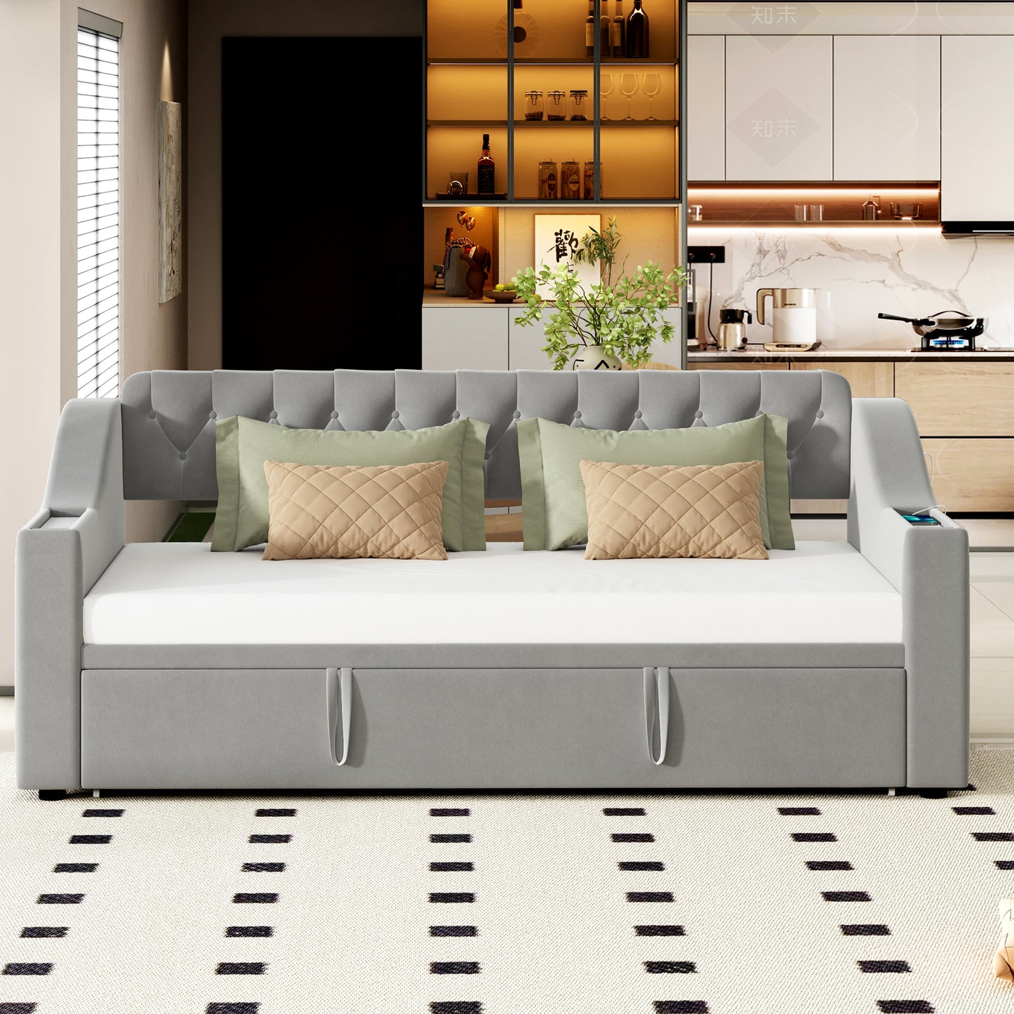 Upholstered Bed Sofa Bed, 90 180x190 Cm, Wider And Thicker Armrests With USB Charging Port, Integrated Shelf In The Armrests, With Storage Pockets, With Slatted Base, Velvet Fabric, Grey