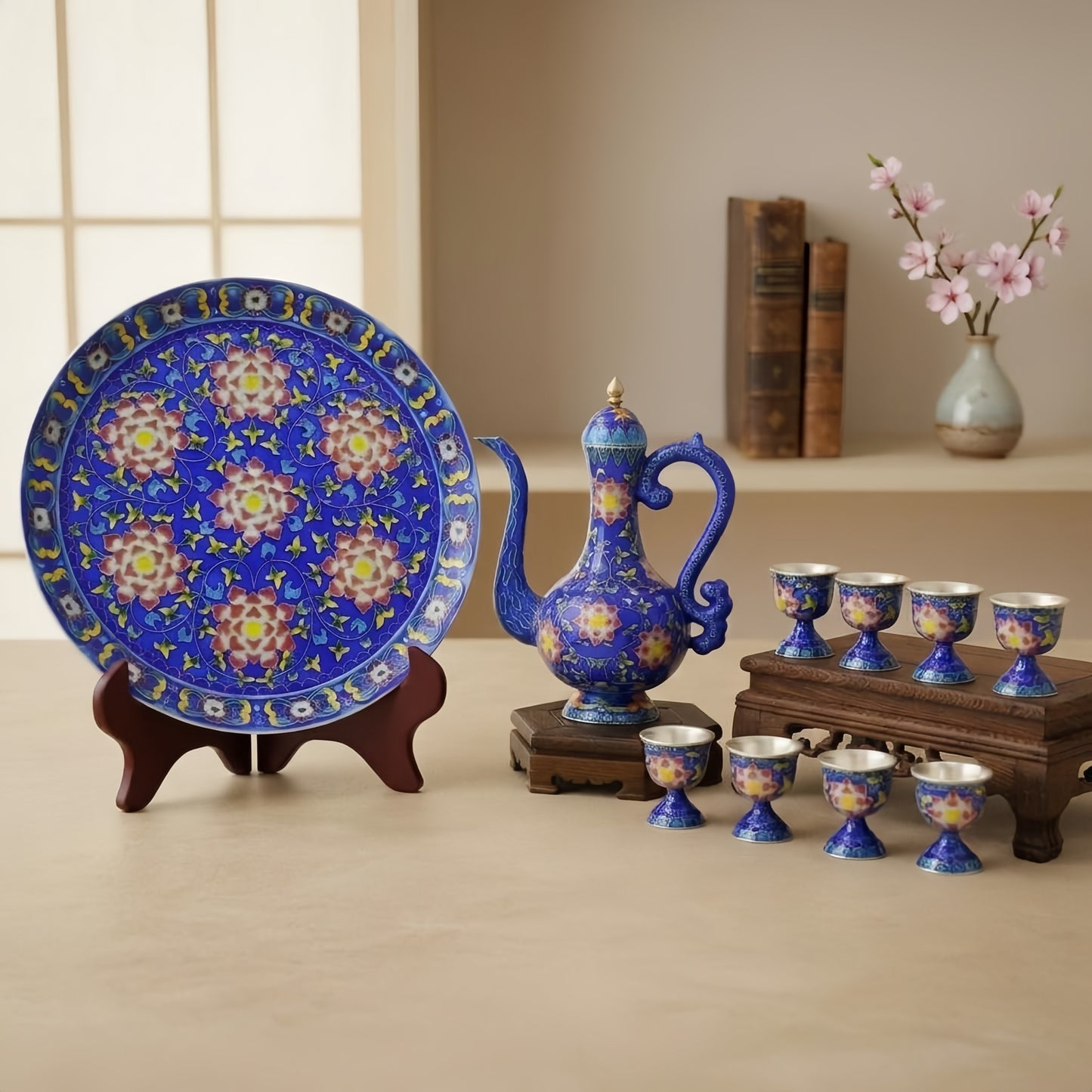925 Sterling Silver Chinese Cloisonné Tea Set with Floral Motifs on Wooden Stands - Handicraft