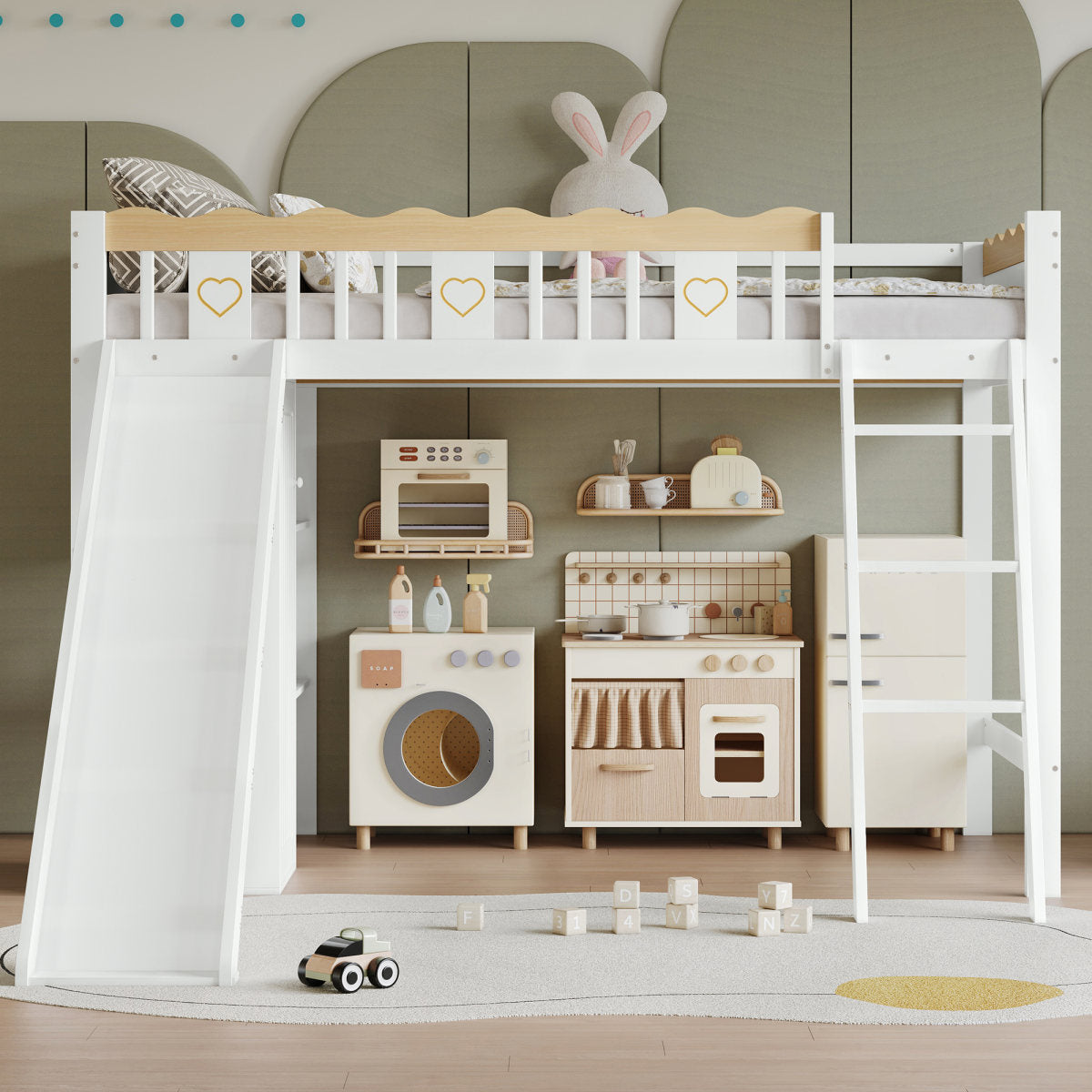 Loft Bed, Cot, With Children's Slide, Wardrobe And Storage Cabinet Under The Bed, Four-Sided Fence With Exquisite Patterns Pine  MDF  Plywood, White Natural, 90x200cm