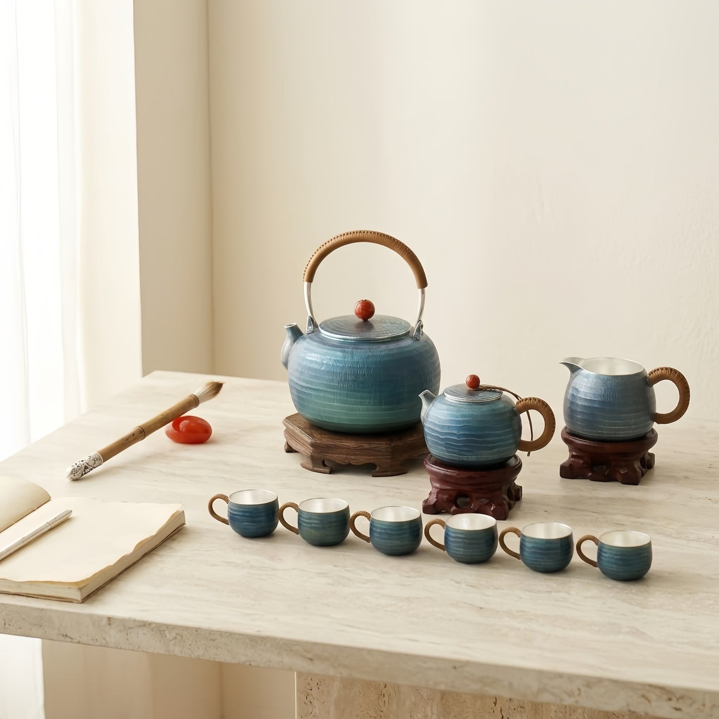 925 Sterling Silver Handcrafted Blue Ceramic Tea Set with Traditional Design and Bamboo Accents - Handicraft